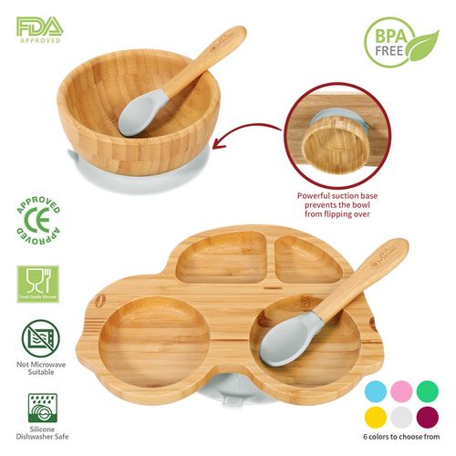 WOODEN KIDS CAR PLATE, BOWL & SPOON