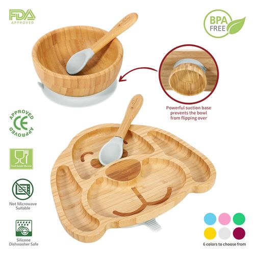 WOODEN KIDS DOG PLATE, BOWL & SPOON SET